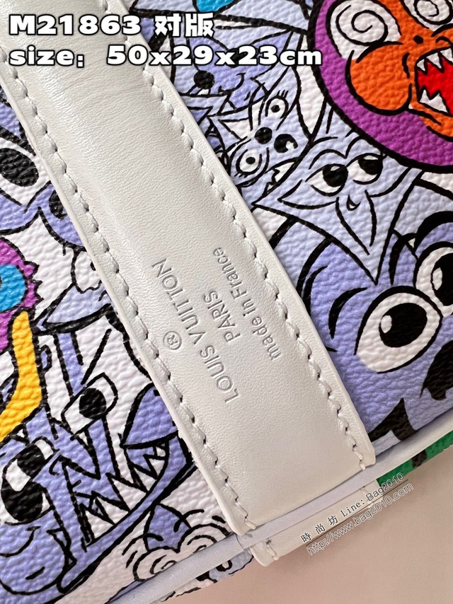 LV專櫃2023新款Keepall Bandoulière 50旅行袋 M21863對版 路易威登描繪 Monogram 圖案卡通形象旅行包 dn1454